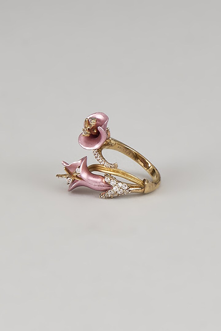 Rose Gold Finish Pink Cubic Zirconia Enameled Floral Ring In Sterling Silver by Raeesa Jewels by Sanjana and Ritu at Pernia's Pop Up Shop