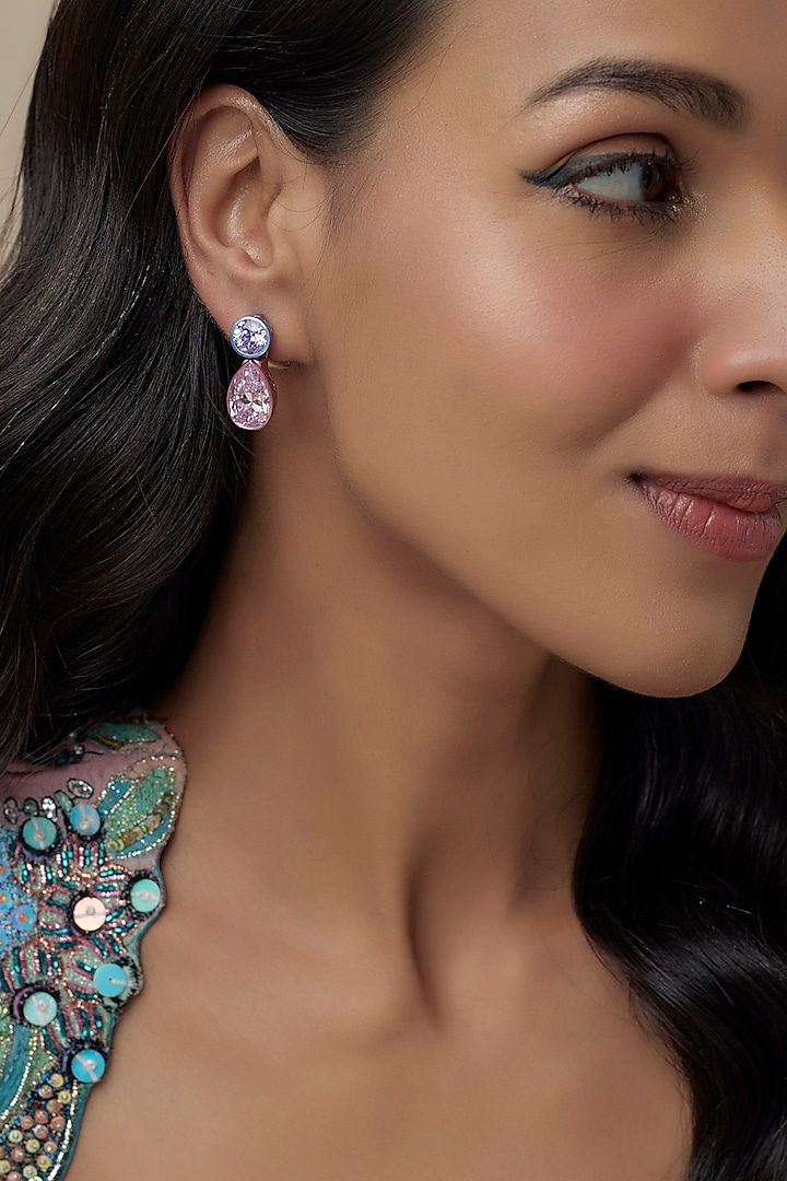 White Finish Cubic Zirconia & Pink Stone Dangler Earrings In Sterling Silver by Raeesa Jewels by Sanjana and Ritu at Pernia's Pop Up Shop