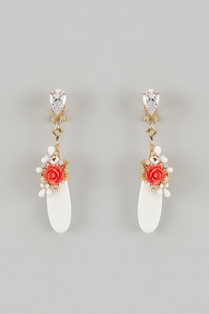 Gold Finish Cubic Zirconia & Agate Stone Floral Dangler Earrings In Sterling Silver by Raeesa Jewels by Sanjana and Ritu at Pernia's Pop Up Shop