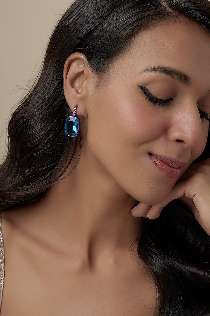 Black Rhodium Finish Cubic Zirconia & Blue Stone Dangler Earrings In Sterling Silver by Raeesa Jewels by Sanjana and Ritu at Pernia's Pop Up Shop