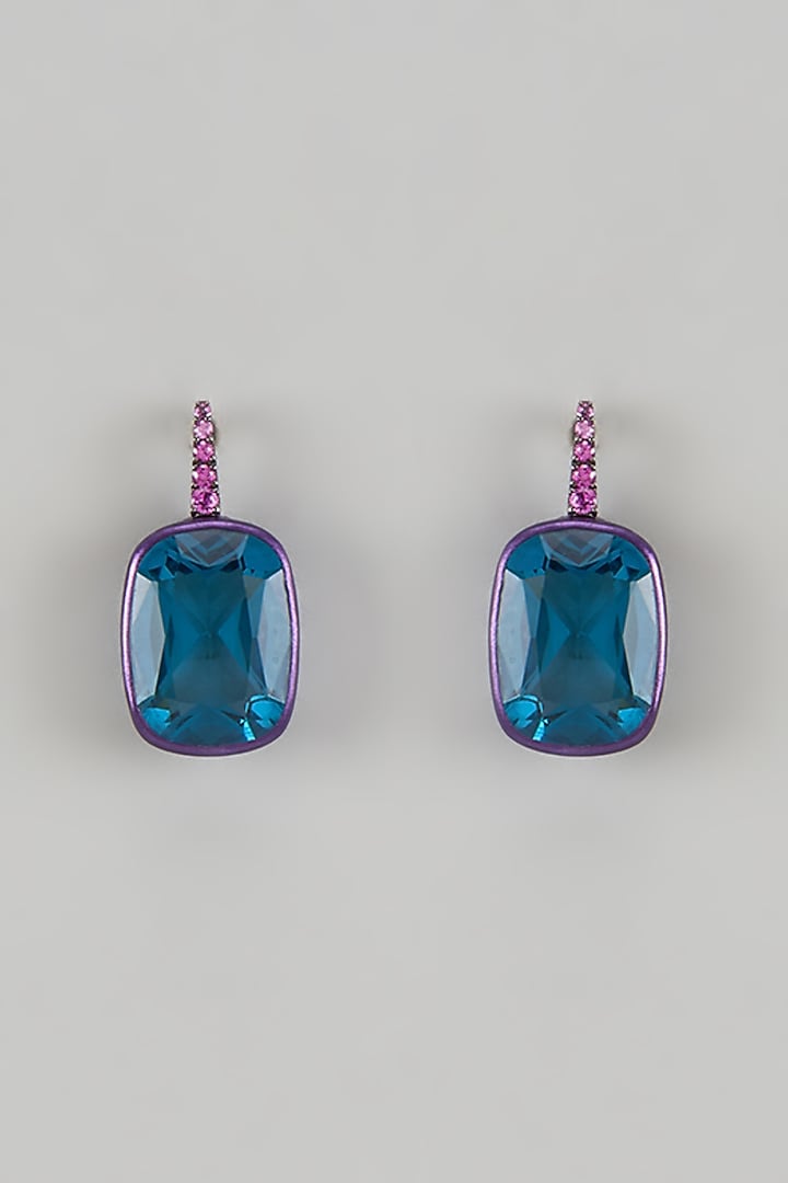 Black Rhodium Finish Cubic Zirconia & Blue Stone Dangler Earrings In Sterling Silver by Raeesa Jewels by Sanjana and Ritu at Pernia's Pop Up Shop