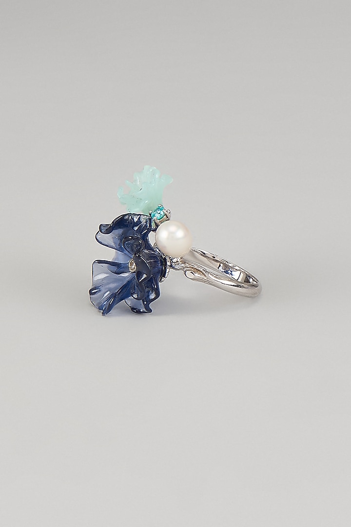 White Finish Cubic Zirconia & Blue Synthetic Stone Ring In Sterling Silver by Raeesa Jewels by Sanjana and Ritu at Pernia's Pop Up Shop