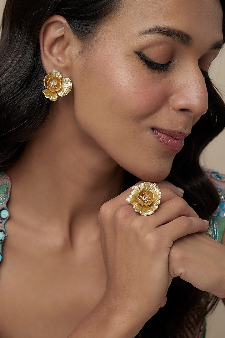 Gold Finish Cubic Zirconia Floral Stud Earrings In Sterling Silver by Raeesa Jewels by Sanjana and Ritu at Pernia's Pop Up Shop