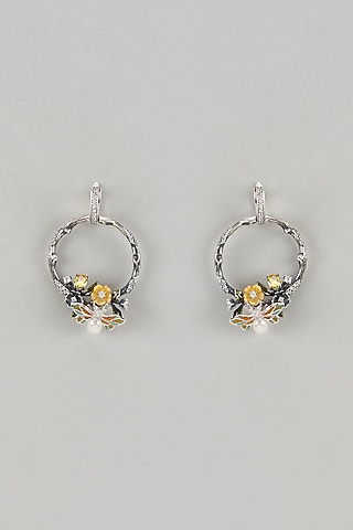 Black Rhodium Finish Cubic Zirconia & Mother Of Pearl Floral Dangler Earrings In Sterling Silver by Raeesa Jewels by Sanjana and Ritu