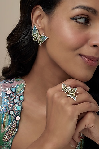Gold Finish Cubic Zirconia Green Enameled Stud Earrings In Sterling Silver by Raeesa Jewels by Sanjana and Ritu