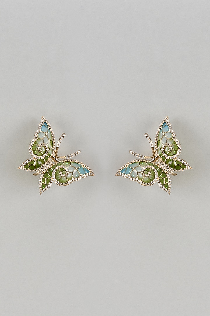 Gold Finish Cubic Zirconia Green Enameled Stud Earrings In Sterling Silver by Raeesa Jewels by Sanjana and Ritu at Pernia's Pop Up Shop