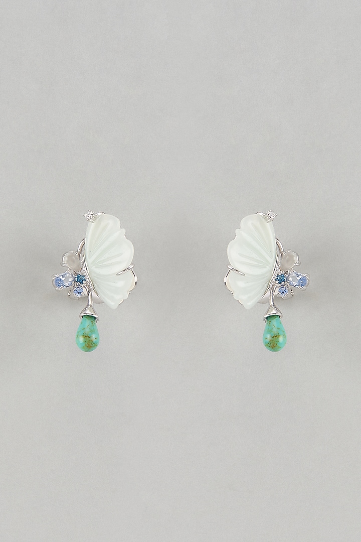 White Finish Cubic Zirconia & Aqua Amazonite Stone Stud Earrings In Sterling Silver by Raeesa Jewels by Sanjana and Ritu at Pernia's Pop Up Shop