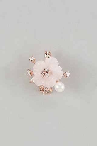 Rose Gold Finish Cubic Zirconia & Rose Quartz Floral Pendant In Sterling Silver by Raeesa Jewels by Sanjana and Ritu