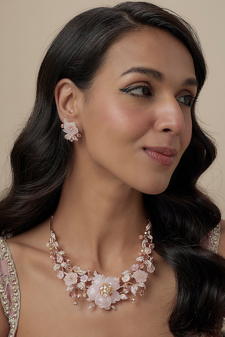 Rose Gold Finish Rose Quartz Stone & Cubic Zirconia Floral Necklace Set In Sterling Silver by Raeesa Jewels by Sanjana and Ritu at Pernia's Pop Up Shop