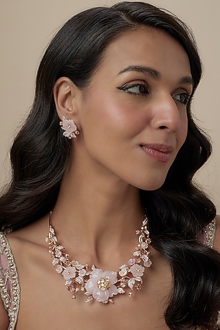 Rose Gold Finish Rose Quartz Stone & Cubic Zirconia Floral Necklace Set In Sterling Silver by Raeesa Jewels by Sanjana and Ritu