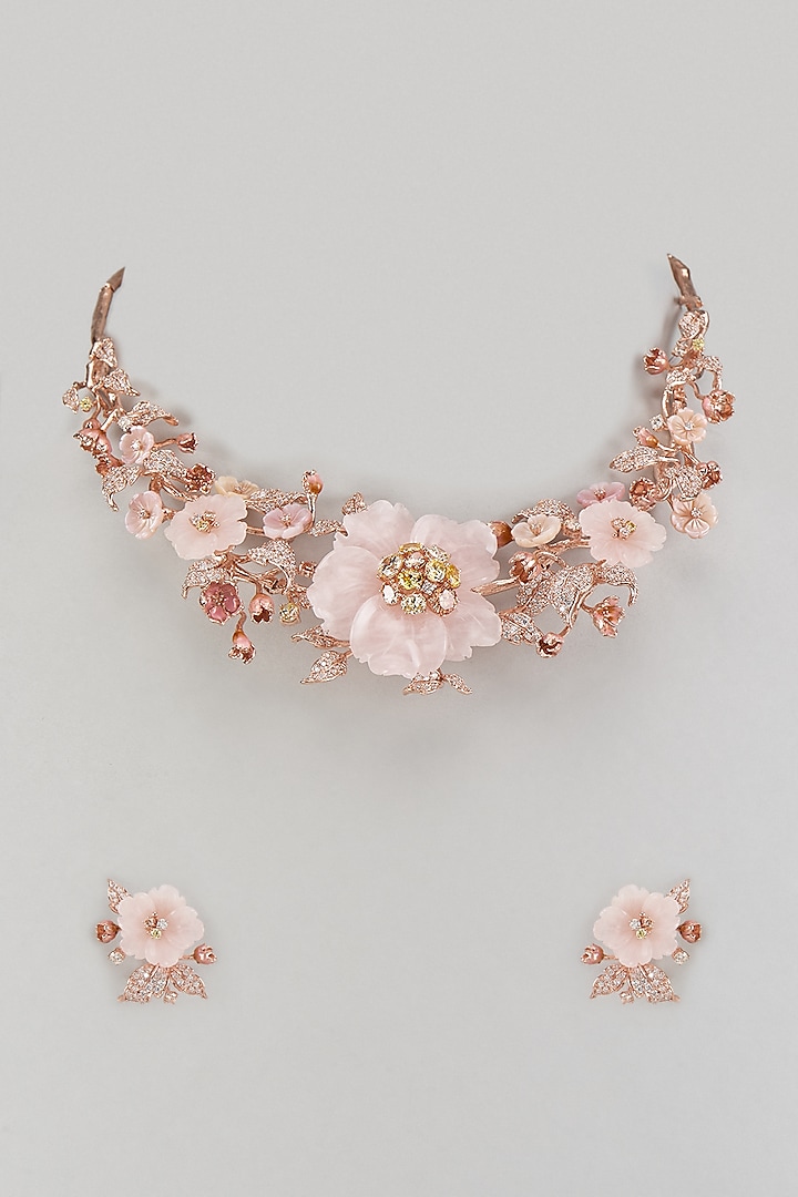 Rose Gold Finish Rose Quartz Stone & Cubic Zirconia Floral Necklace Set In Sterling Silver by Raeesa Jewels by Sanjana and Ritu at Pernia's Pop Up Shop