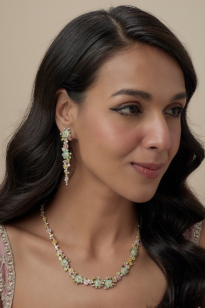 Gold Finish Cubic Zirconia & Mother Of Pearl Enameled Necklace Set In Sterling Silver by Raeesa Jewels by Sanjana and Ritu at Pernia's Pop Up Shop