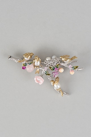 White Finish Cubic Zirconia & Freshwater Pearl Enameled Brooch In Sterling SIlver by Raeesa Jewels by Sanjana and Ritu