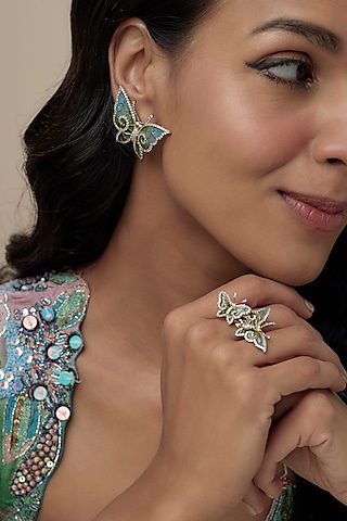 Gold Finish Cubic Zirconia Green Enameled Butterfly Ring In Sterling Silver by Raeesa Jewels by Sanjana and Ritu