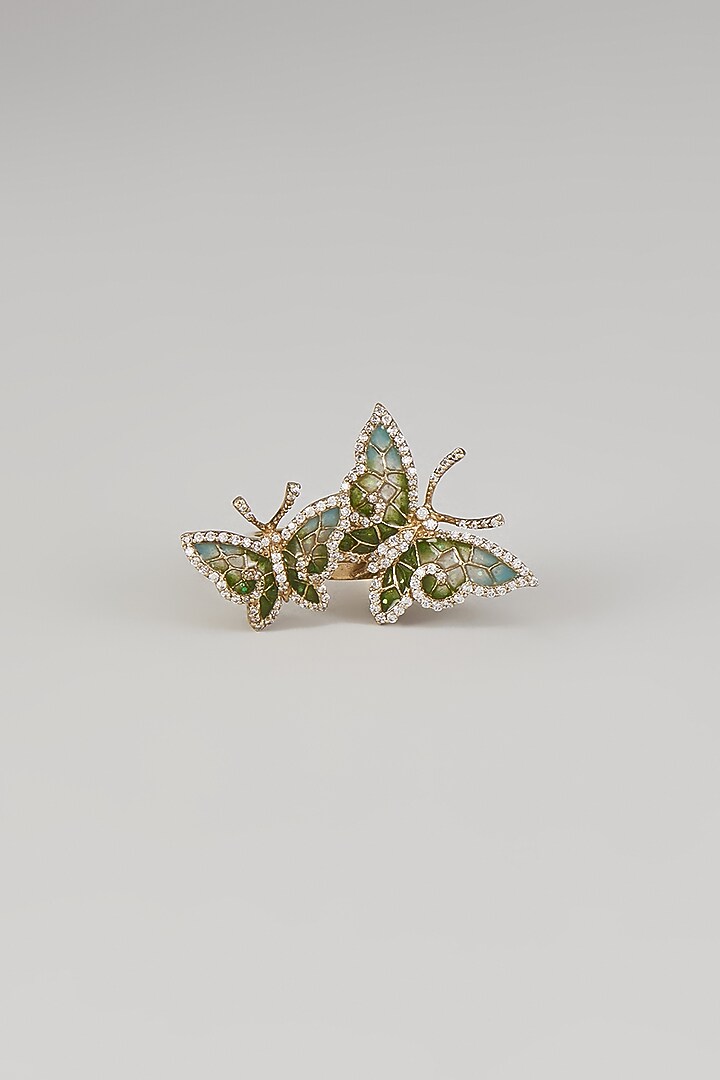 Gold Finish Cubic Zirconia Green Enameled Butterfly Ring In Sterling Silver by Raeesa Jewels by Sanjana and Ritu at Pernia's Pop Up Shop