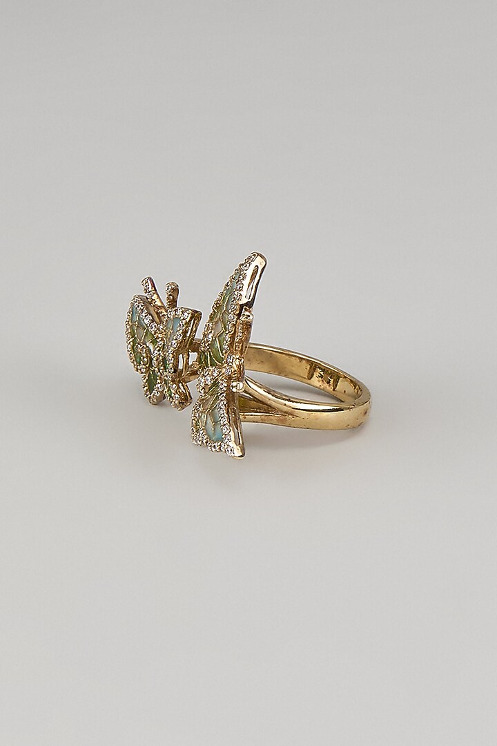 Gold Finish Cubic Zirconia Green Enameled Butterfly Ring In Sterling Silver by Raeesa Jewels by Sanjana and Ritu at Pernia's Pop Up Shop