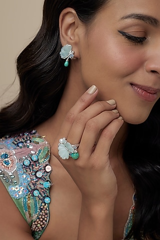 White Finish Cubic Zirconia & Aqua Amazonite Stone Ring In Sterling Silver by Raeesa Jewels by Sanjana and Ritu