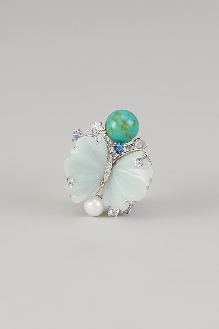 White Finish Cubic Zirconia & Aqua Amazonite Stone Ring In Sterling Silver by Raeesa Jewels by Sanjana and Ritu at Pernia's Pop Up Shop