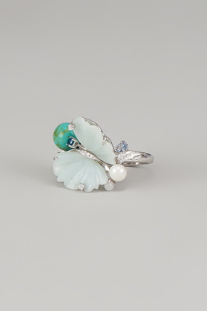 White Finish Cubic Zirconia & Aqua Amazonite Stone Ring In Sterling Silver by Raeesa Jewels by Sanjana and Ritu at Pernia's Pop Up Shop