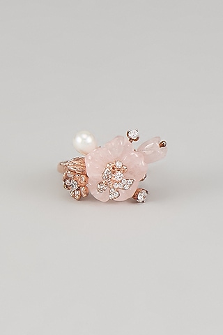 Rose Gold Finish Cubic Zirconia & Rose Quartz Floral Ring In Sterling Silver by Raeesa Jewels by Sanjana and Ritu