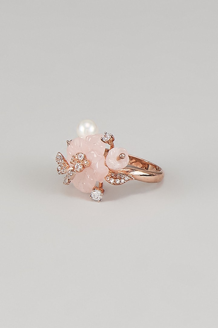 Rose Gold Finish Cubic Zirconia & Rose Quartz Floral Ring In Sterling Silver by Raeesa Jewels by Sanjana and Ritu at Pernia's Pop Up Shop