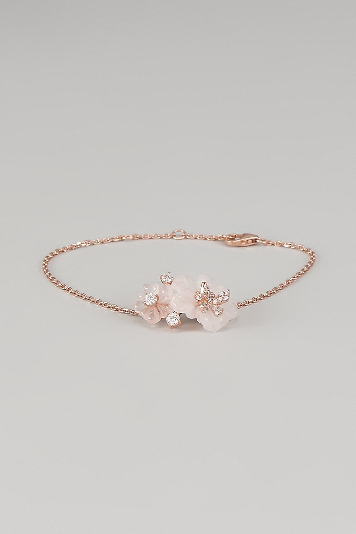 Rose Gold Finish Cubic Zirconia & Rose Quartz Floral Bracelet In Sterling Silver by Raeesa Jewels by Sanjana and Ritu