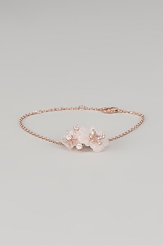 Rose Gold Finish Cubic Zirconia & Rose Quartz Floral Bracelet In Sterling Silver by Raeesa Jewels by Sanjana and Ritu
