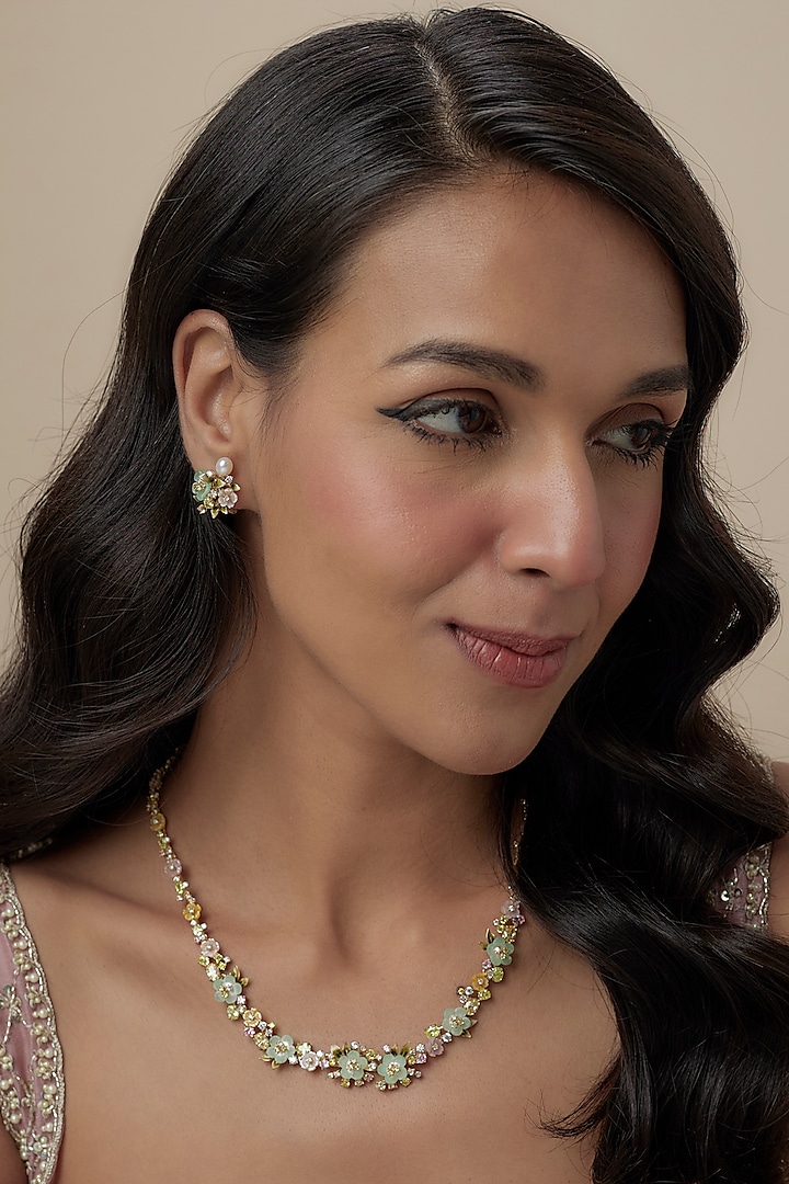 Gold Finish Cubic Zirconia & Natural Aventurine Stone Enameled Stud Earrings In Sterling Silver by Raeesa Jewels by Sanjana and Ritu at Pernia's Pop Up Shop