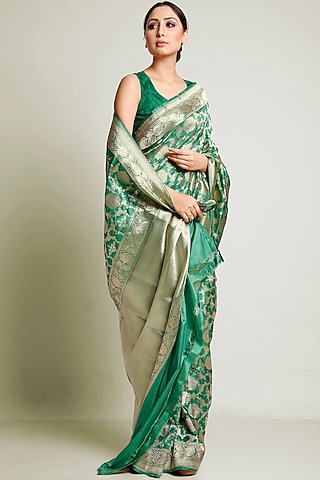 Green Kadhwa Jangla Saree Set by Raagsutra