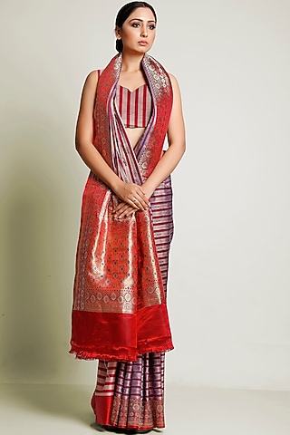 Blue & Wine Kadhwa Woven Saree Set by Raagsutra