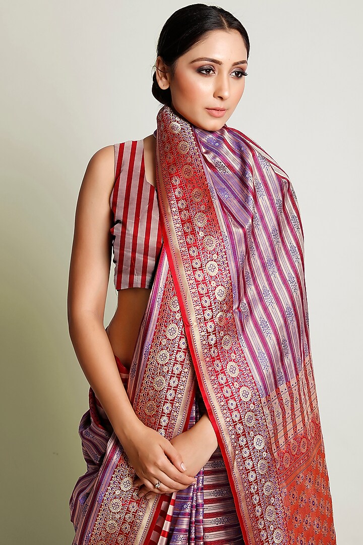Blue & Wine Kadhwa Woven Wedding Saree Set by Raagsutra at Pernia's Pop Up Shop