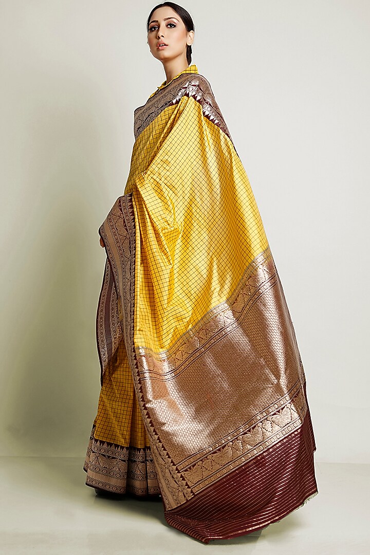 Yellow & Brown Kadhwa Woven Saree Set by Raagsutra