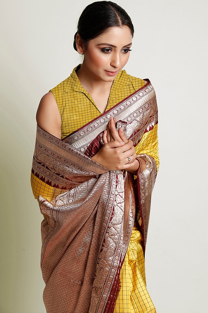 Yellow & Brown Kadhwa Woven Wedding Saree Set by Raagsutra at Pernia's Pop Up Shop
