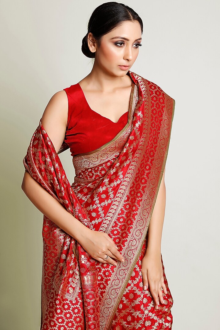 Red Kadhwa Jangla Reception Saree Set by Raagsutra at Pernia's Pop Up Shop