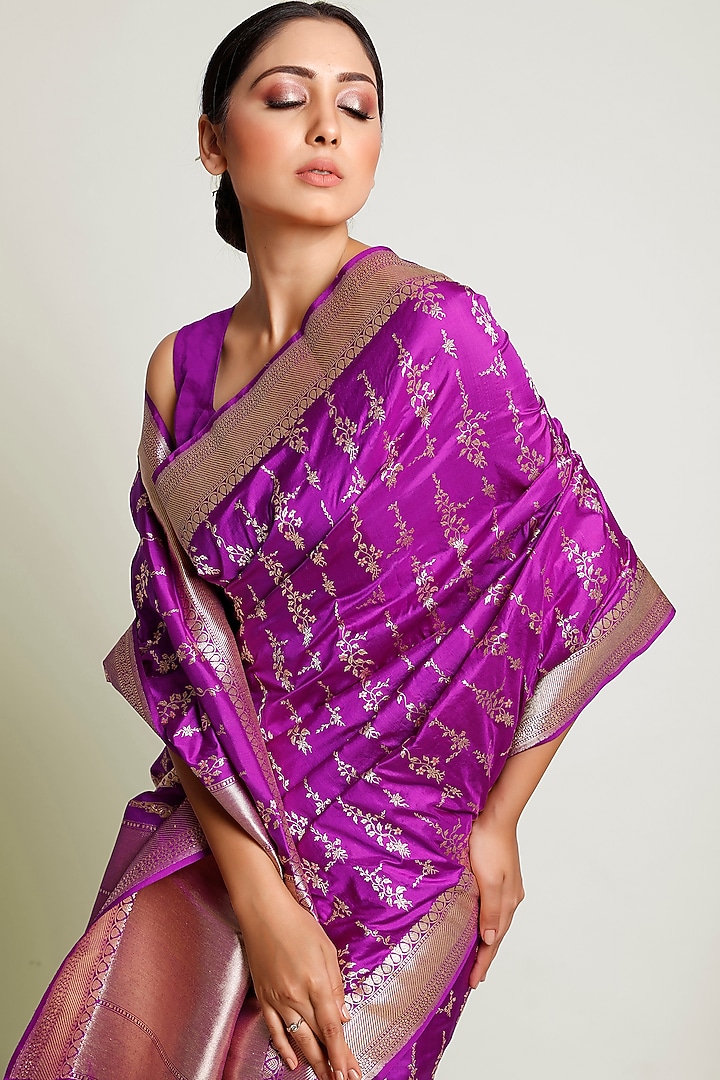 Violet Kadhwa Woven Reception Saree Set by Raagsutra at Pernia's Pop Up Shop