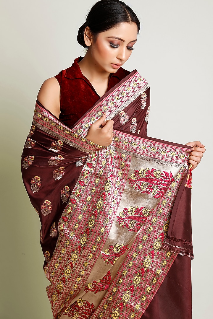 Wine Brown Meenakari Wedding Saree Set by Raagsutra at Pernia's Pop Up Shop