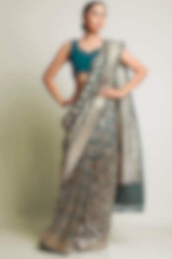 Teal Blue Saree Set With Zari Work by Raagsutra