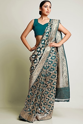 Teal Blue Saree Set With Zari Work by Raagsutra