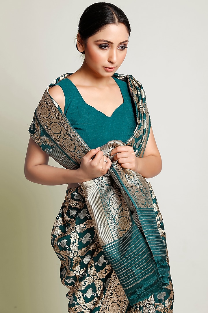 Teal Blue Wedding Saree Set With Zari Work by Raagsutra at Pernia's Pop Up Shop
