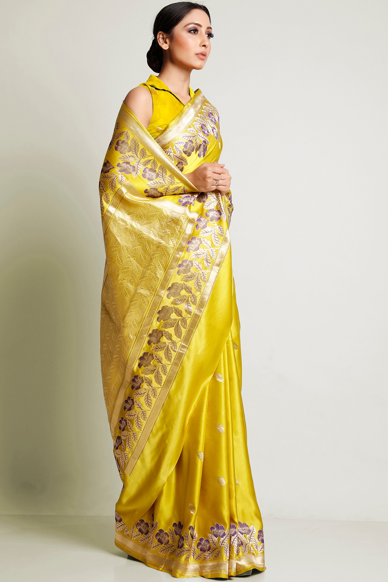 Mikado green cheap linen sarees online with yellow printed blouse | Kiran's  Boutique