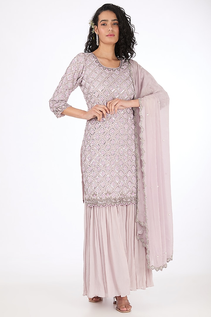 Lilac Chinon Pearl Embroidered Sharara Set by Raas Couture