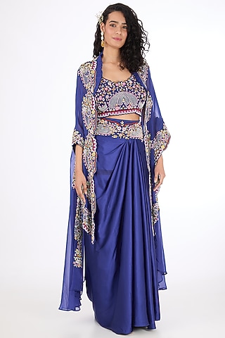 Blue Organza Aari Hand Embroidered Cape Set by Raas Couture
