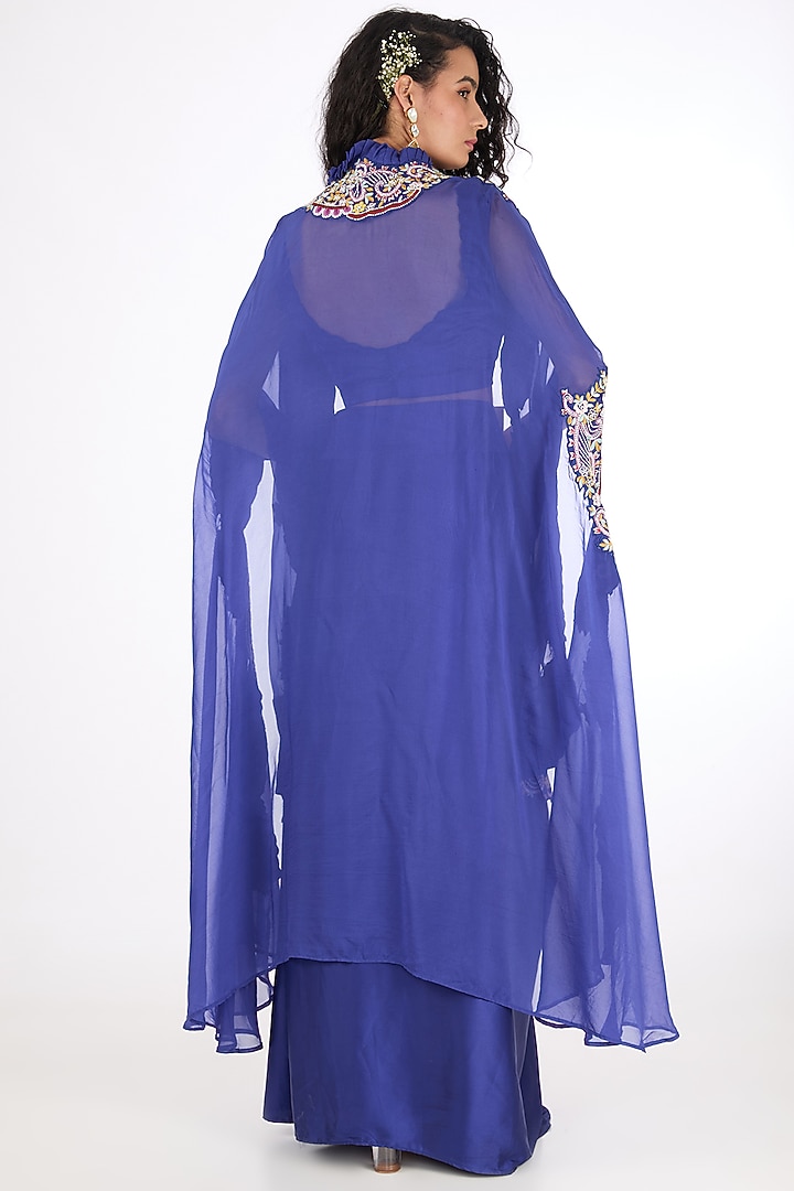 Blue Organza Aari Hand Embroidered Cape Set by Raas Couture at Pernia's Pop Up Shop