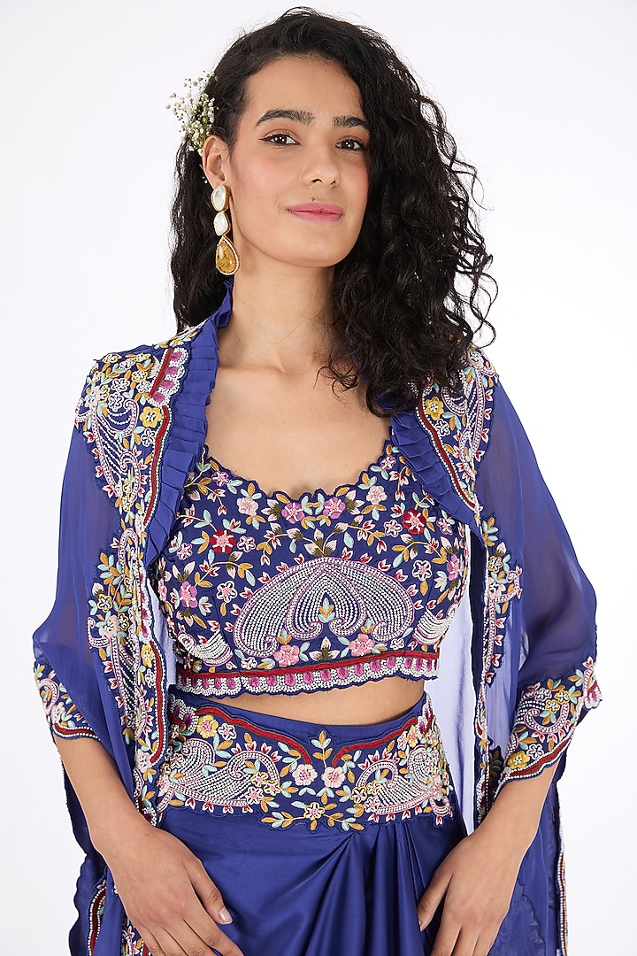 Blue Organza Aari Hand Embroidered Cape Set by Raas Couture at Pernia's Pop Up Shop