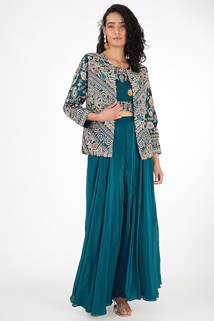 Blue Dola Silk Aari Embroidered Jacket Set by Raas Couture
