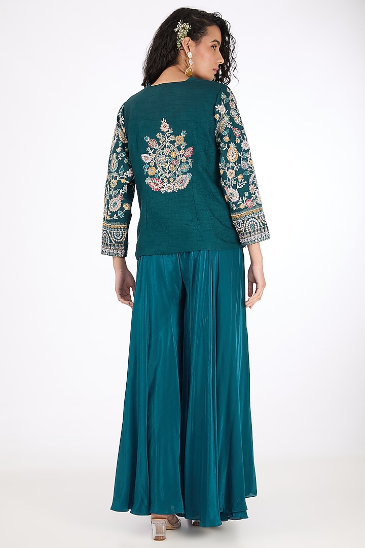 Blue Dola Silk Aari Embroidered Jacket Set by Raas Couture at Pernia's Pop Up Shop