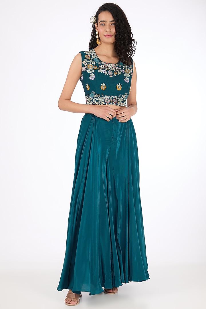 Blue Dola Silk Aari Embroidered Jacket Set by Raas Couture at Pernia's Pop Up Shop