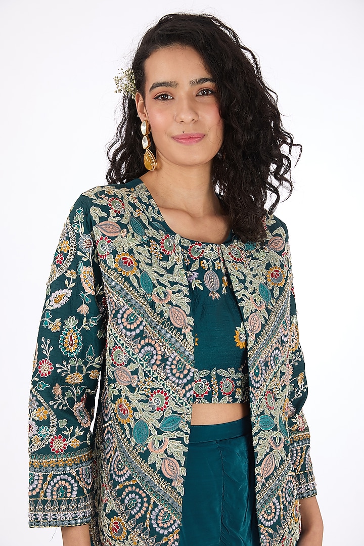 Blue Dola Silk Aari Embroidered Jacket Set by Raas Couture at Pernia's Pop Up Shop