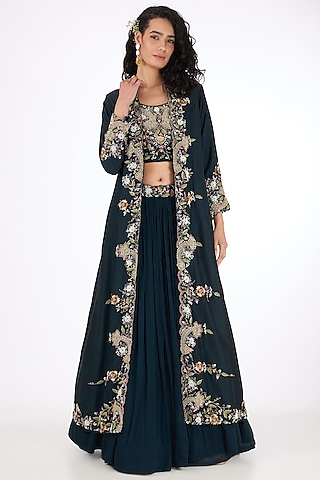 Blue Georgette Zardosi & Pearl Embroidered Jacket Lehenga Set by Raas Couture