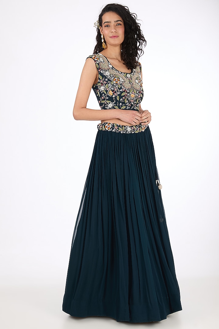 Blue Georgette Zardosi & Pearl Embroidered Jacket Wedding Lehenga Set by Raas Couture at Pernia's Pop Up Shop